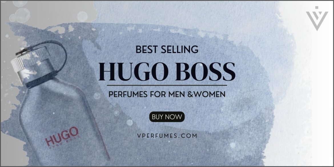 a banner of best selling hugo boss perfumes with boss iced perfume in the background