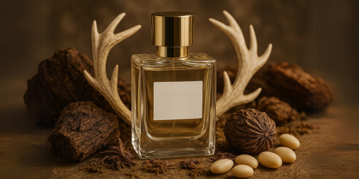 A creative illustration of a musk perfume with elements of musk around it.