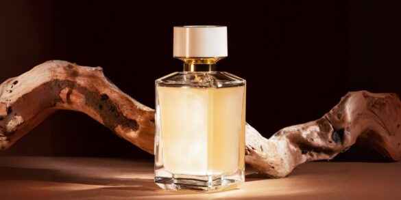 Une image d'un parfum boisé avec des éléments boisés en arrière-plan