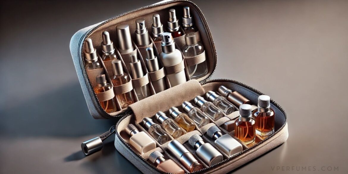 A creative illustration of different perfumes store together within a carry bag