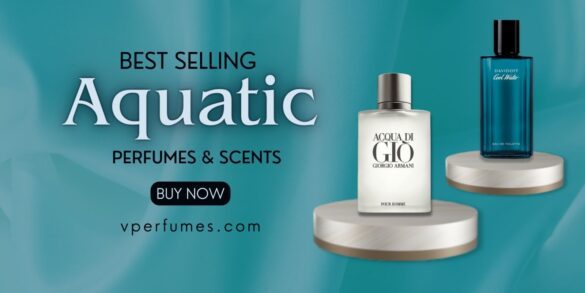 bannière des parfums aquatiques les plus vendus avec des bouteilles de parfum armani acqua di gio et davidoff coolwater
