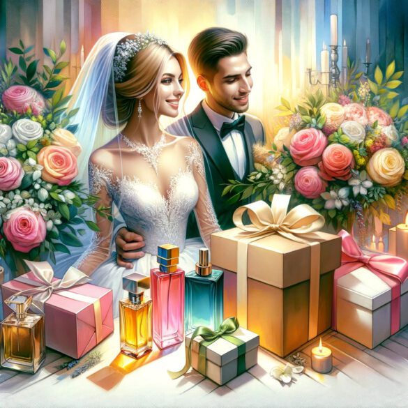 صورة تظهر زوجين مع جميع هدايا الزفاف التي حصلا عليها من زهور وعطور وهدايا أخرى