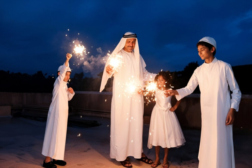 An image of eid celebration of a family with fireworks