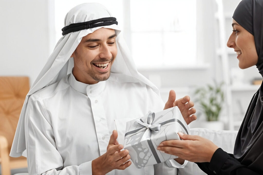 An image of a wife gifting her husband gift for eid