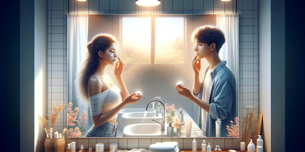 an illustration of a boy and girl applying skincare cream