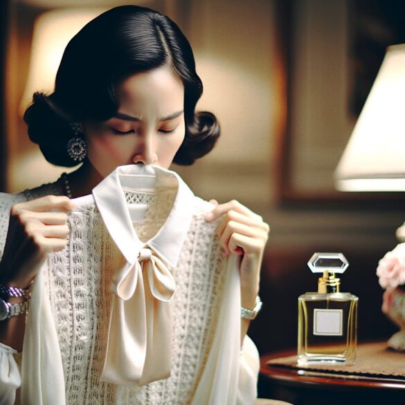 Una mujer que huele su ropa en busca de aroma de perfume.