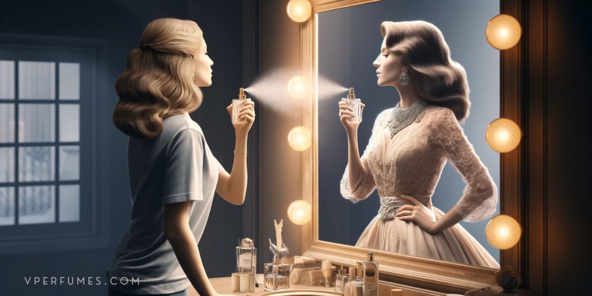 affordable-perfumes-that-smells-expensive a creative illustration of a girl spraying perfume infront of the mirror and as a result it madeher like a celebrity