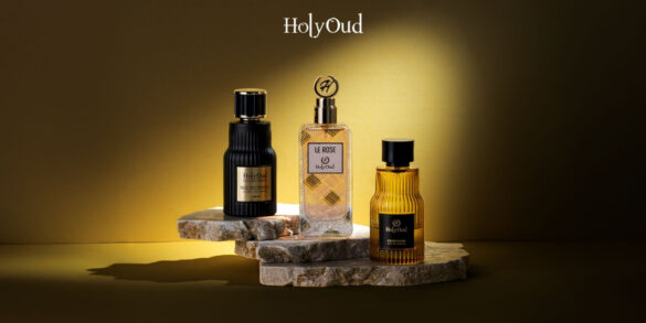 Une image d'une collection de parfums Holy oud, qui sont Oud occidental, Le rose et expression