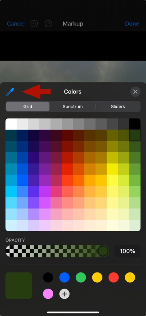 Show the color grid with an arrow pointing at the dropper located on the left side of the screen above the color grid
