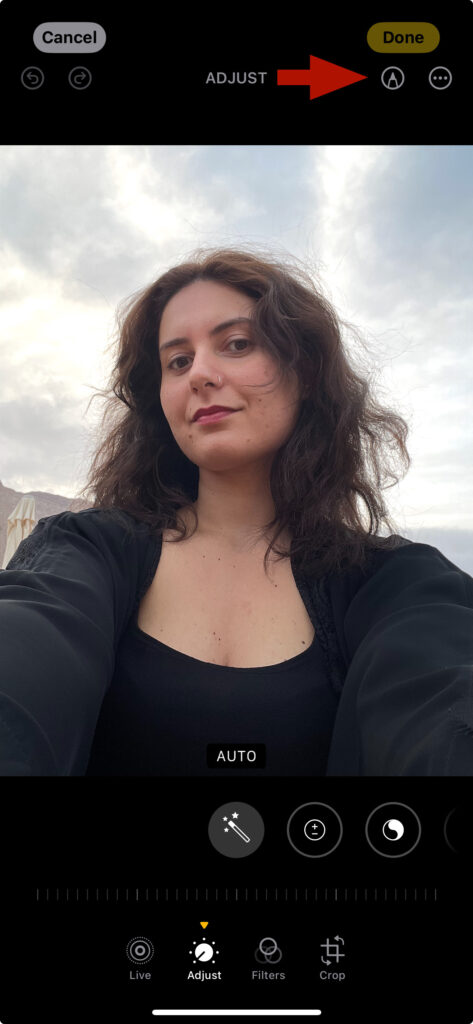 Arrow pointing to the markup icon in the top right corner of the image above a picture of a girl's face taken in natural lighting