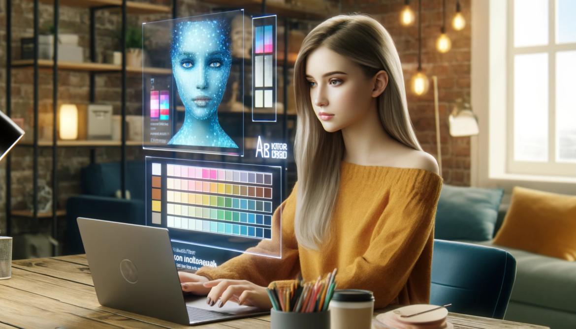 an illustration of a girl with a laptop using Ai to find out the perfect color palette
