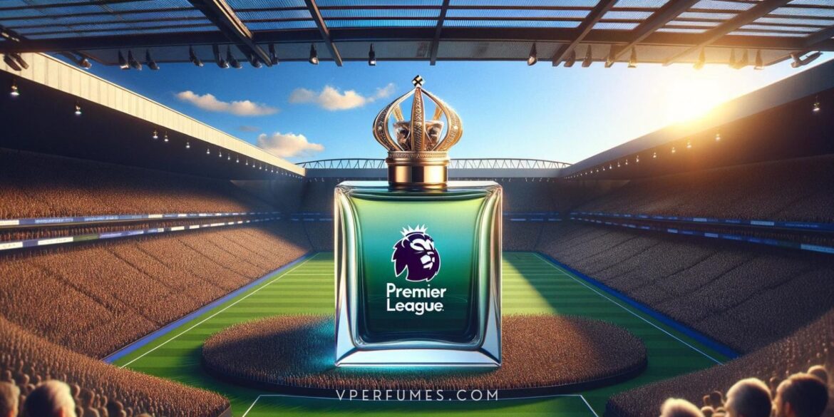 a creative illustration of perfume inside a stadium filled with people with premier league logo on the perfume