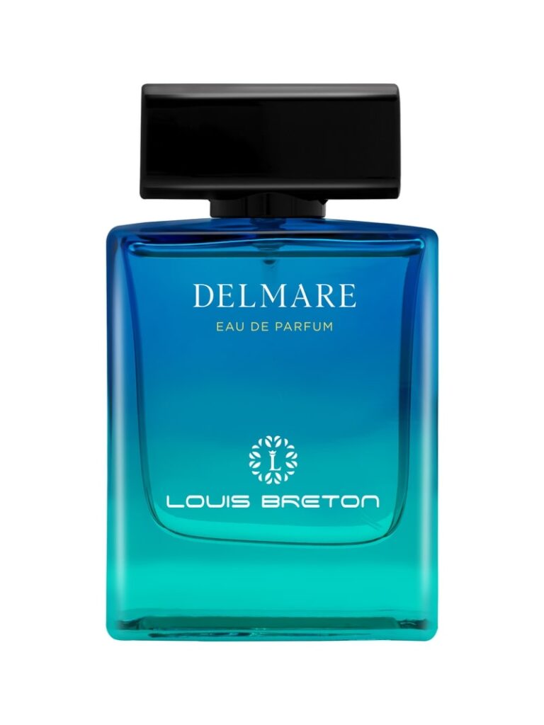 A perfume bottle labeled 'Delmare' by Louis Breton, designed specifically for men 
