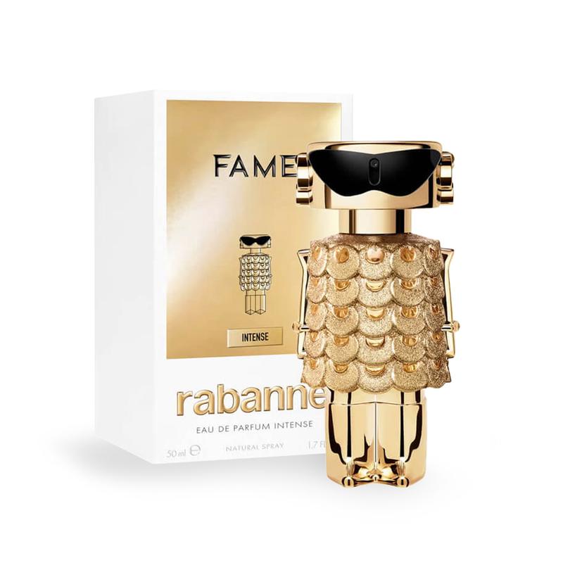 An image of Paco rabanne fame intense perfume with golden color perfume bottle in shape of a robot for women