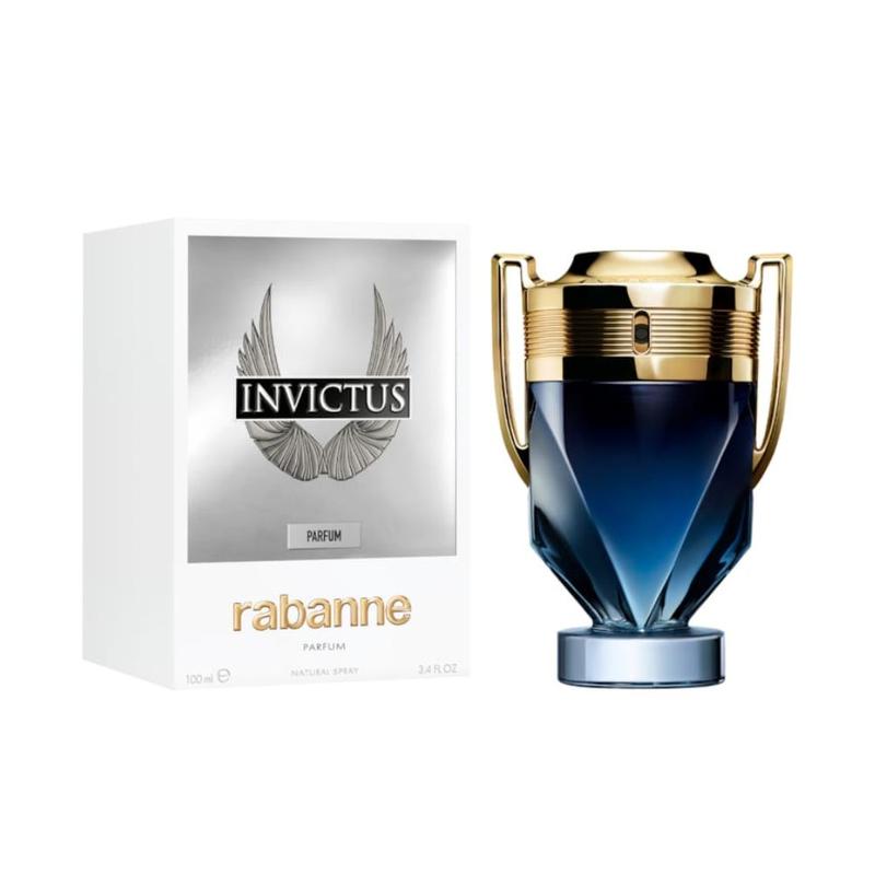 an image of paco rabanne invictus parfum with the iconic trophy shaped perfume bottle