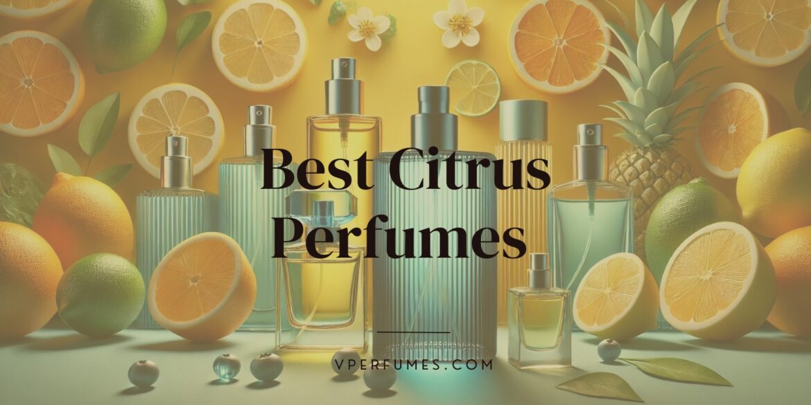 best-citrus-perfumes-banner a creative illustration of best citrus perfumes with an image of a set of perfumes with citrus elements in the background