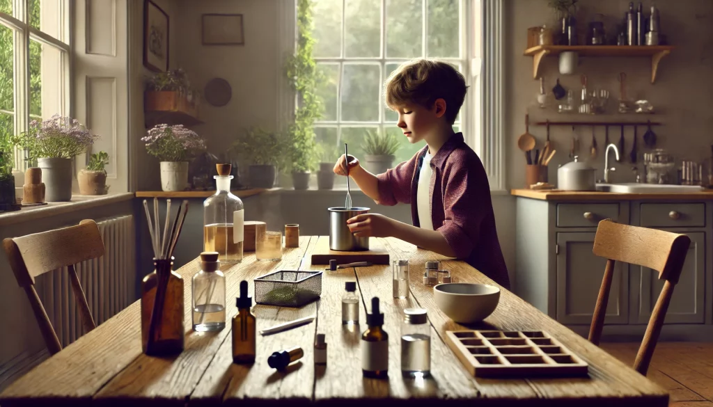 A creative illutration of a boy trying to create a perfum from his house 