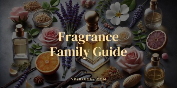 Una ilustración creativa de diferentes ingredientes y notas de perfumes con el texto guía de la familia de fragancias.