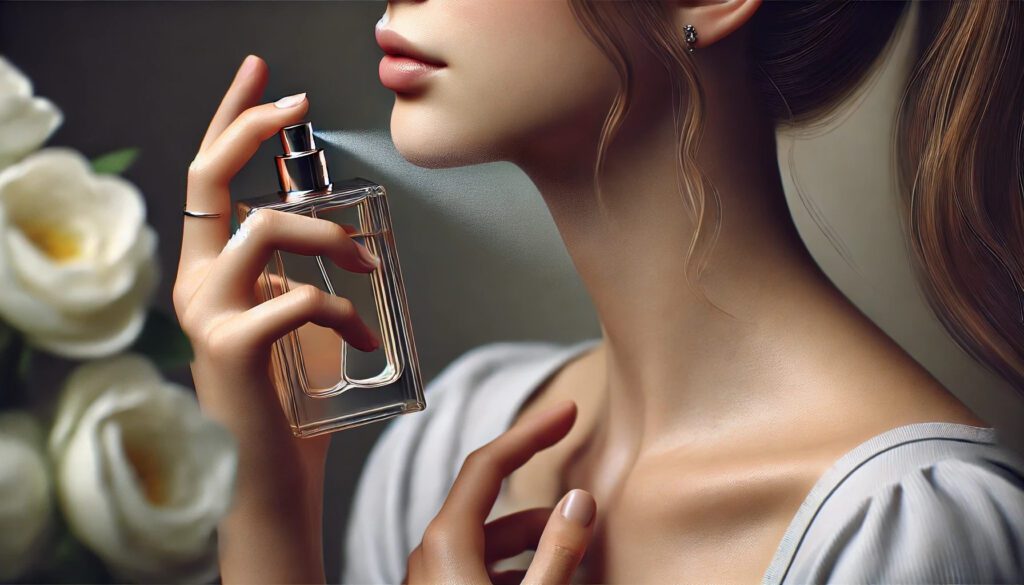 a creative illustration of a girl spraying on a perfume on her pulse point