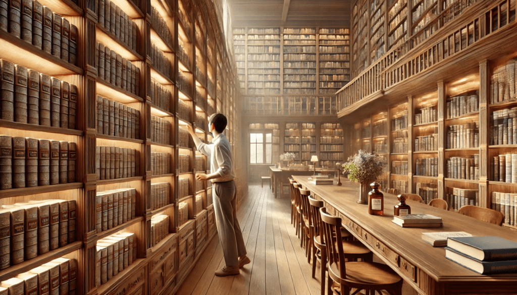 A creative illustration of a boy searching for books in a library.