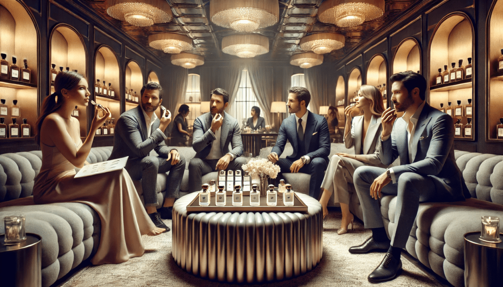 a creative illustration of a perfume community with different people