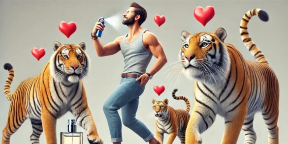 Isang malikhaing ilustrasyon ng isang taong nag-i-spray ng pabango at ang mga malalaking pusa ay naaakit dito