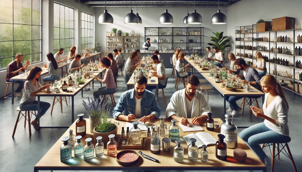a creative illustration of a group of people on a perfume workshop