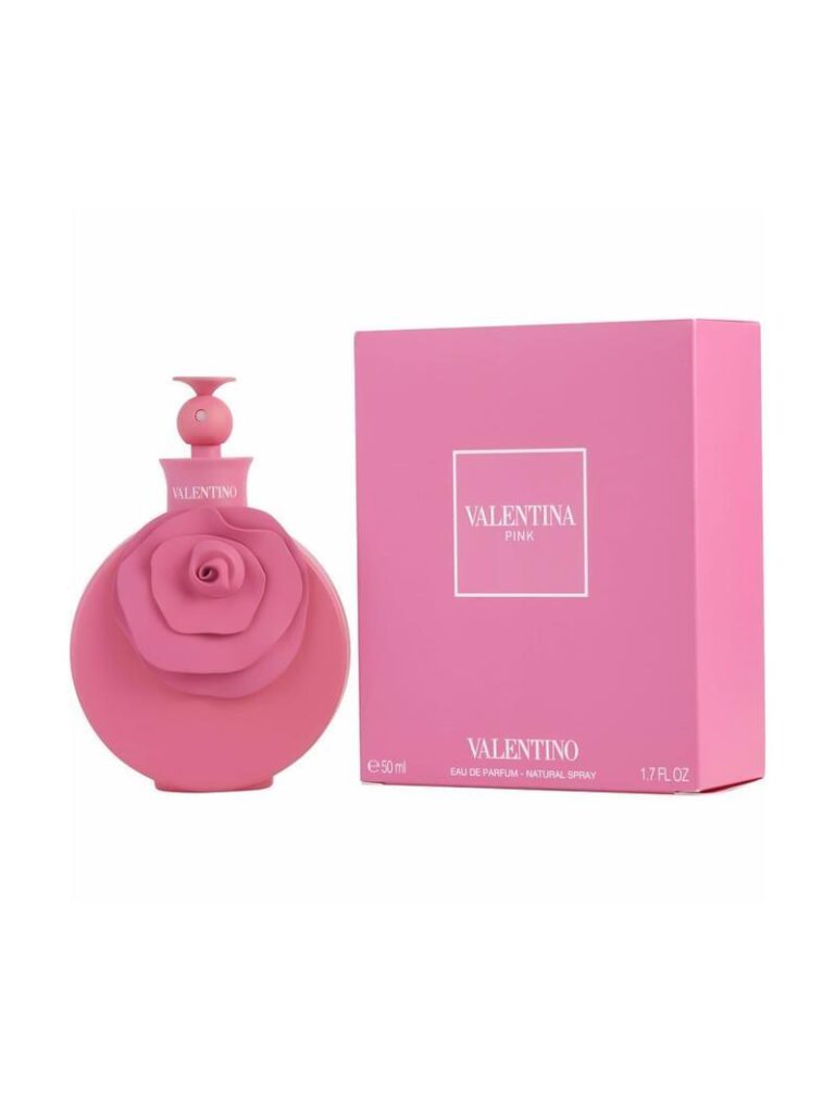 an image of Valentino valentina pink EDP for women. A perfume bottle with rose on it and it resembles the same color.