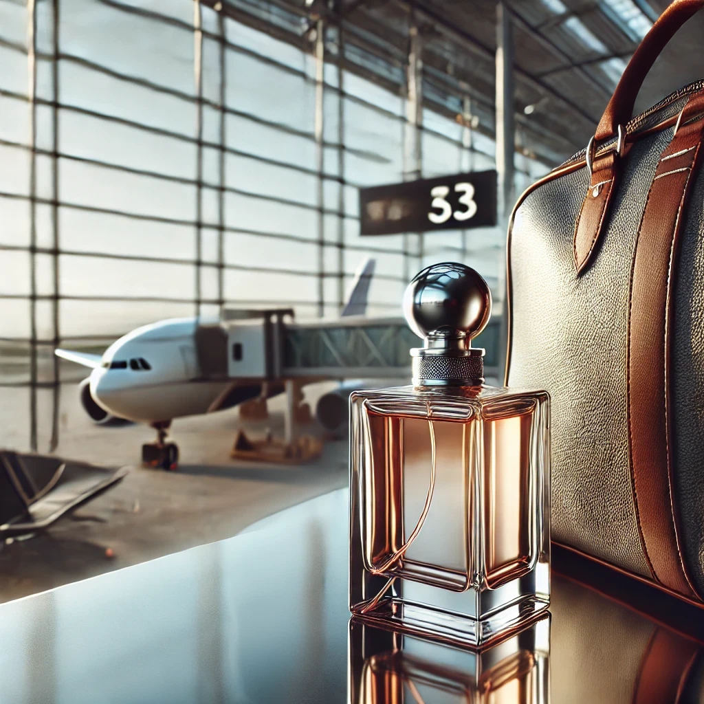 Can You Bring Perfume On A Flight? Here’s What You Need To Know 20 A creative iluustration of a perfum infront of a travel bag in an airport