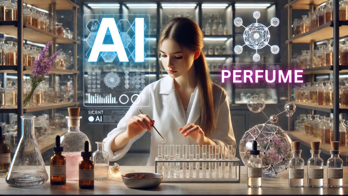A creative illustration of a girl using AI to create perfume
