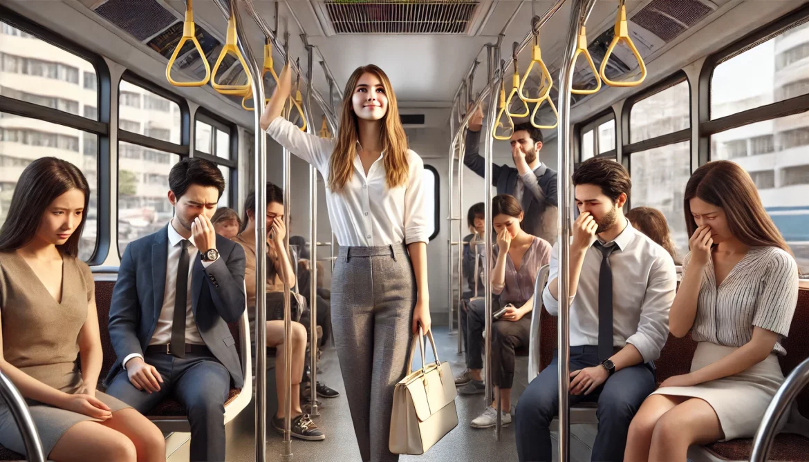 A creative illustration of a girl standing in a bus and people around her are feeling unfomfortable with the perfume smell