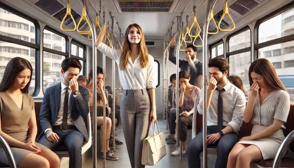 Isang malikhaing paglalarawan ng isang batang babae na nakatayo sa isang bus at ang mga tao sa paligid niya ay hindi komportable sa amoy ng pabango