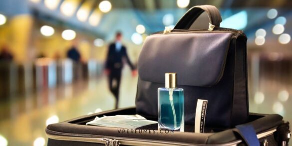 Isang malikhaing paglalarawan ng isang pabango at isang travel bag sa loob ng isang paliparan