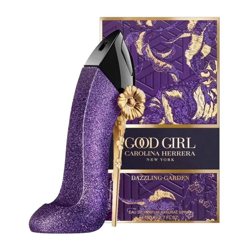 Ranking The Carolina Herrera Good Girl Perfumes: Which One Wins? 23 An image of Carolina Herrera good girl dazzling garden EDP with its box. Perfume that resembles the shape of heels in violet.