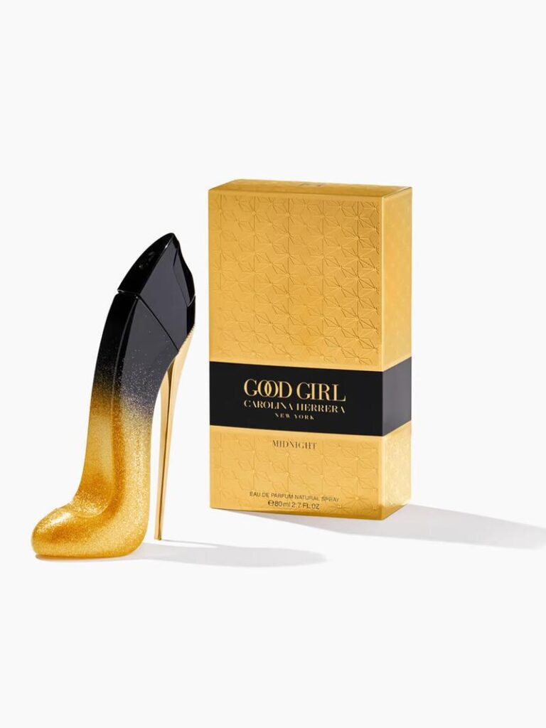 Ranking The Carolina Herrera Good Girl Perfumes: Which One Wins? 22 An image of Carolina Herrera good girl midnight EDP with its box. Perfume that resembles the shape of heels in yellow and black