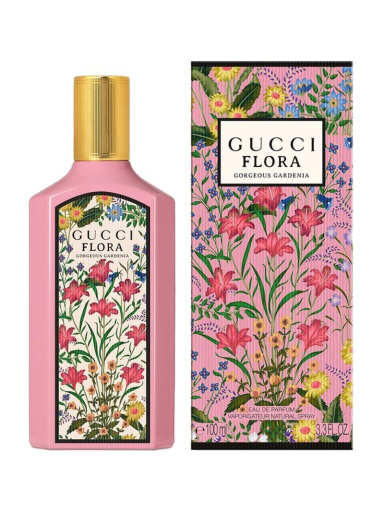 An image of Gucci flora gorgeous gardenia perfume with its box.