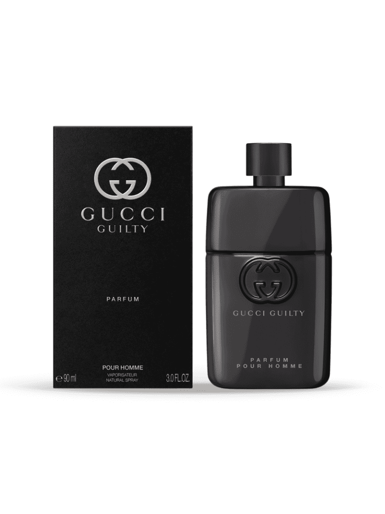 An image of Gucci guilty pour homme parfum for men with its box in black