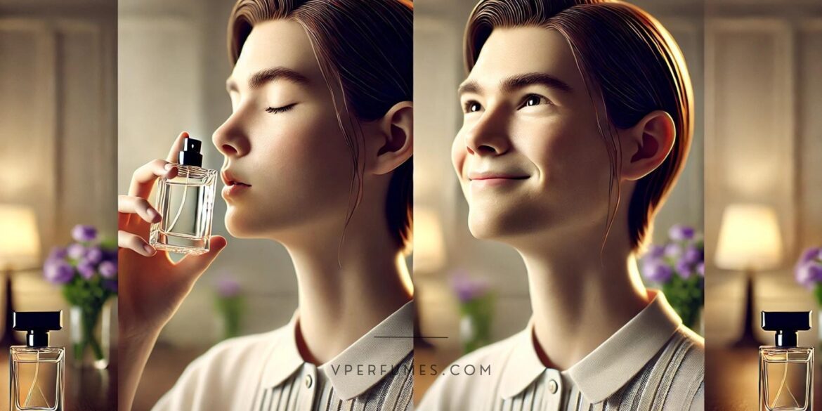 mood-boosting-fragrances A creative illustration of a girl smelling a perfume and her mood getting better