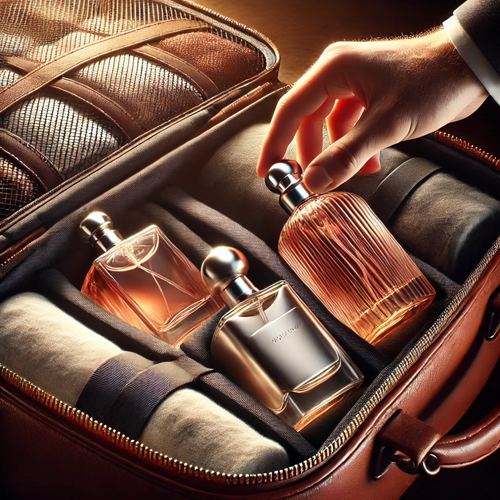 Can You Bring Perfume On A Flight? Here’s What You Need To Know 19 A creative illustration of 3 perfumes packed inside a travel bag
