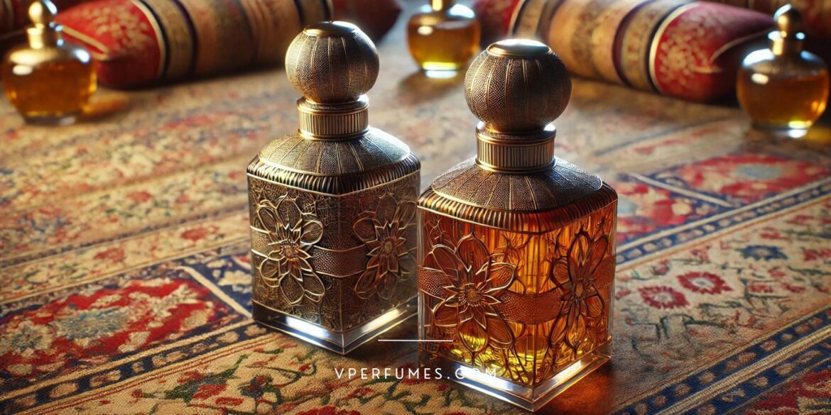 A creative illustration of 2 perfume oils that are placed on a carpet