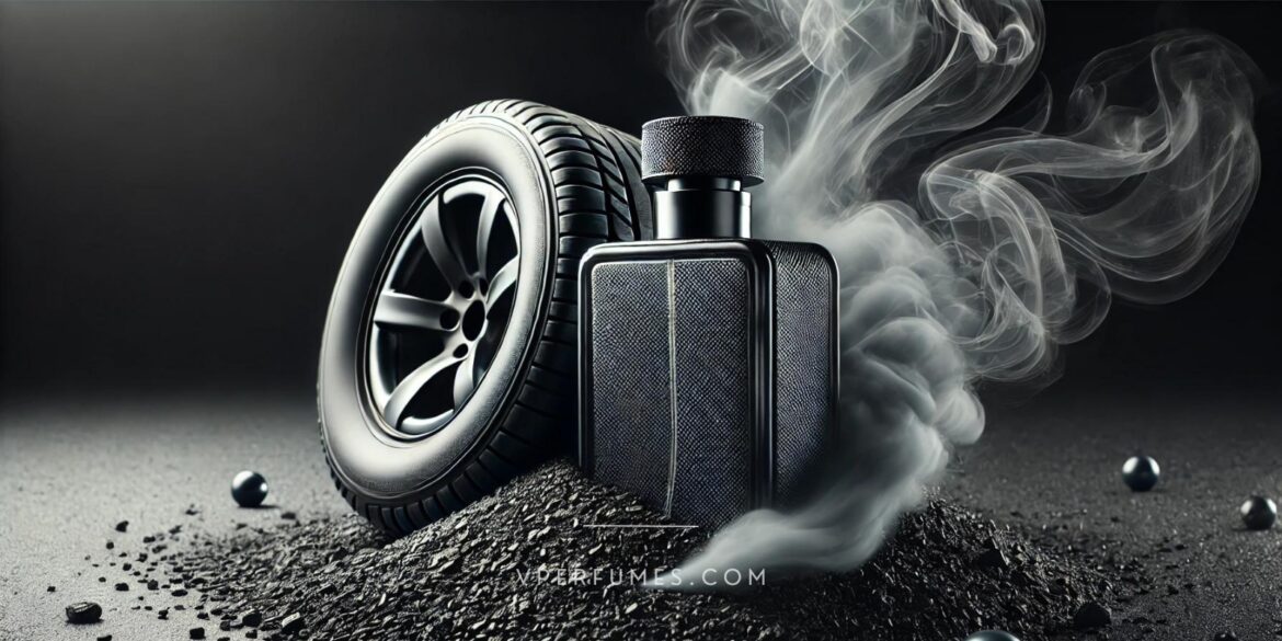 A creative illustration depicting the presence of asphalt and rubber in perfume notes