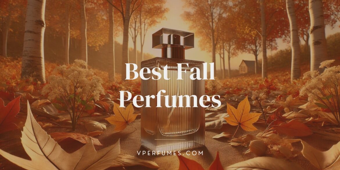 A creative illustration of a perfume in the middle and a background signifying fall season