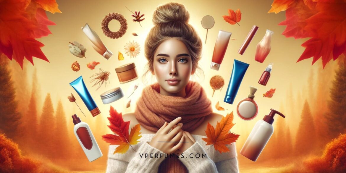 A creative illustration of a girl wearing scarf and the necessary products required for the fall season floating around her