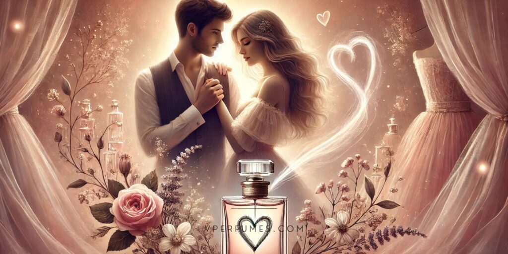 A creative illustration of a man and woman with perfume and a wedding attire