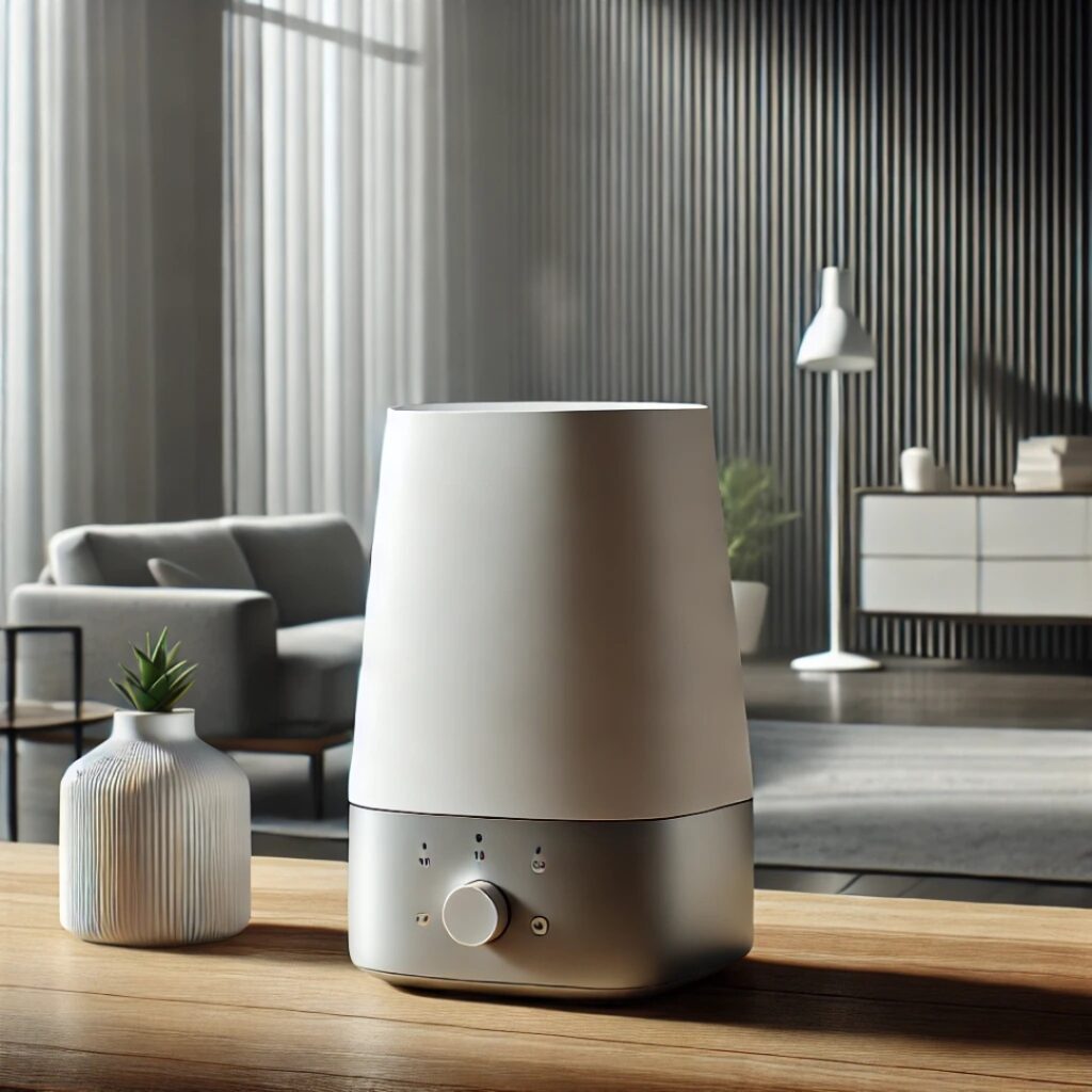 A creative illustration of a humidifier placed in a living room working.