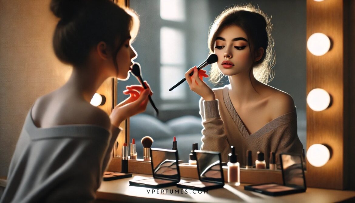 A creative illustration of girl doing makeup infront of a mirror
