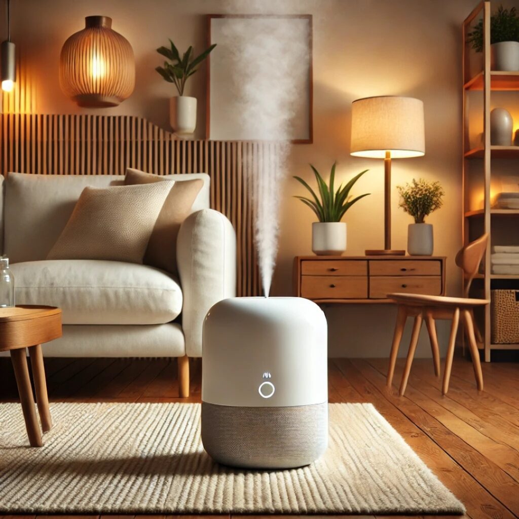 A creative illustration of a humidifier placed in a living room