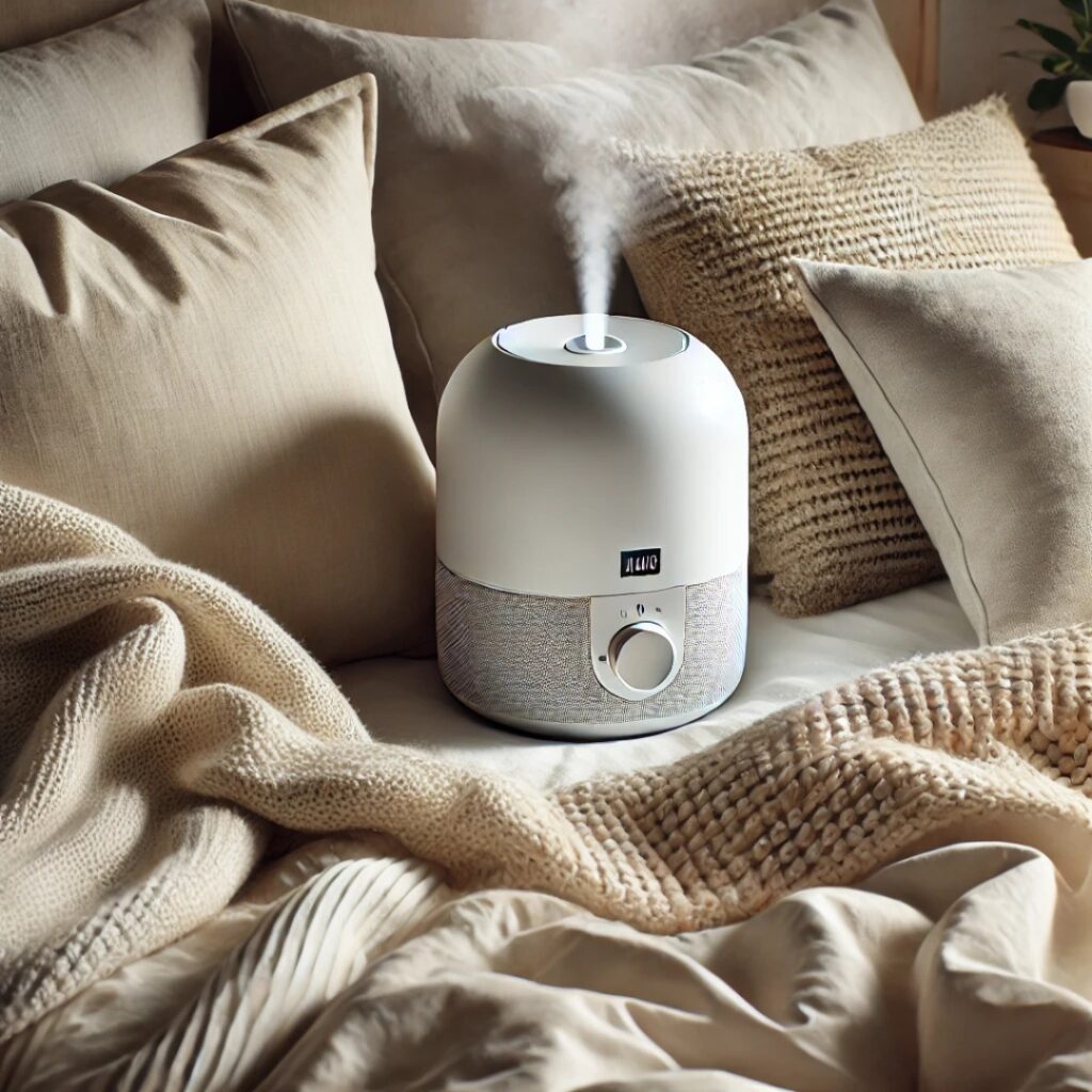 A creative illustration of a humidifier placed on a couch.