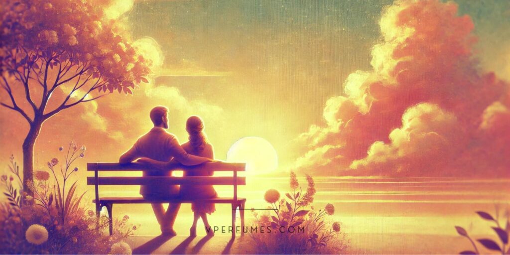 A creative illustration of a man and woman sitting and enjoying the sunset