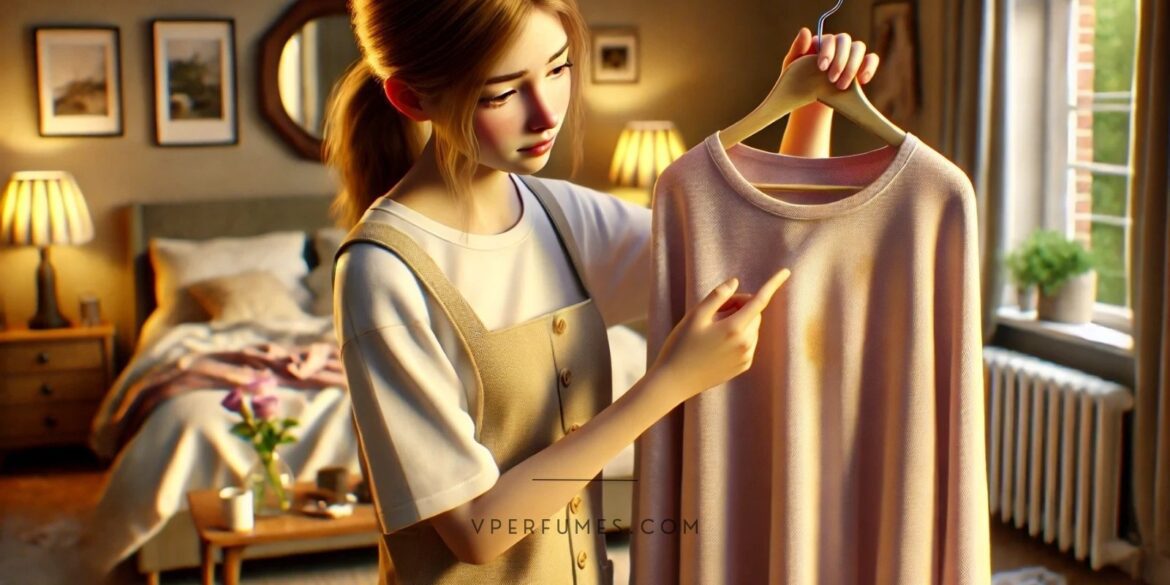 A creative illustration of a women checking for perfume stain on garments